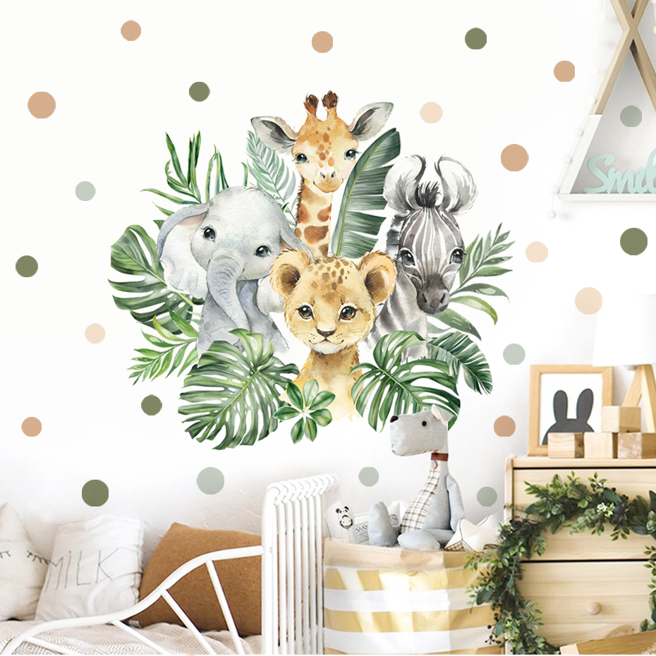 Baby Nursery Jungle Animals - Cartoon Jungle Animals Leaves Watercolor Vinyl