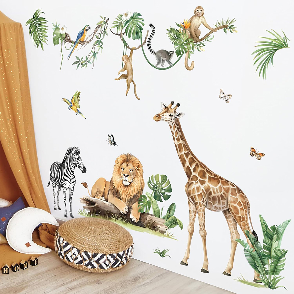 Baby Nursery Jungle Animals - Large Jungle Animal Tropical Leaves Wall