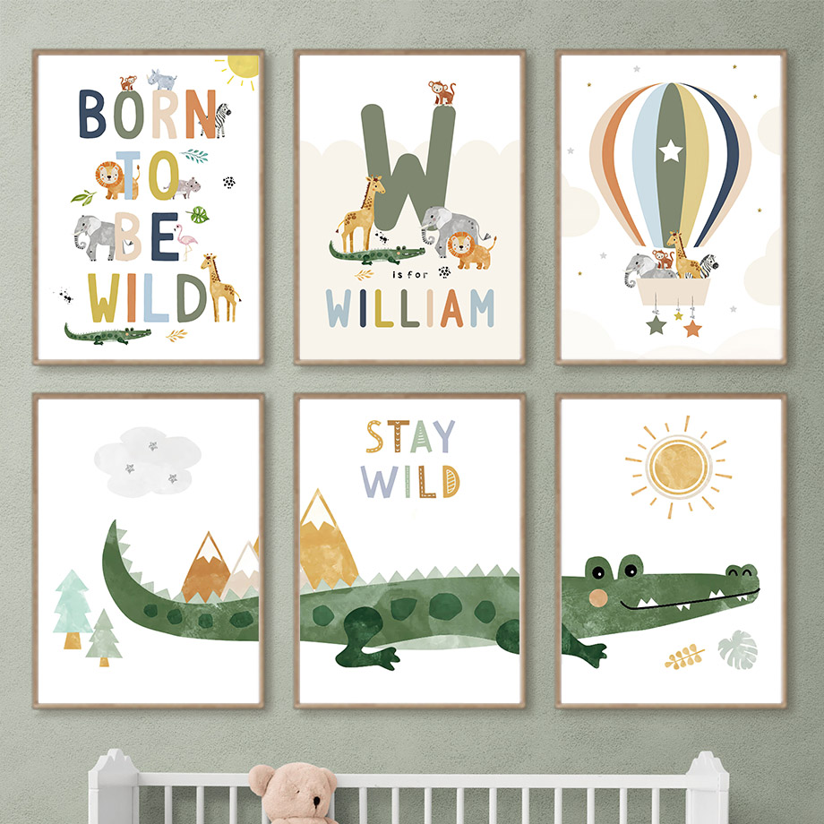 Baby Nursery Animal Prints - Crocodile Balloon Lion Elephant Giraffe Nordic
