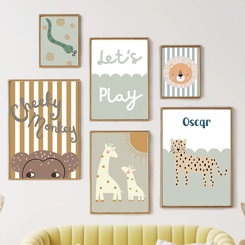 Baby Nursery Animal Prints - Cartoon Giraffe Leopard Lion Monkey Snake