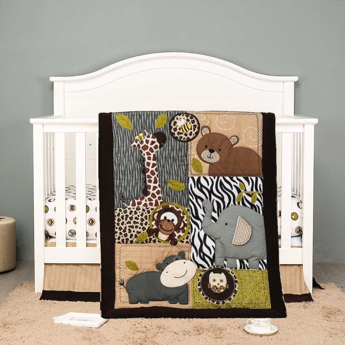 Baby Nursery Jungle Animals - 3Pcs Embroidered Newborn Baby Cot Bedding