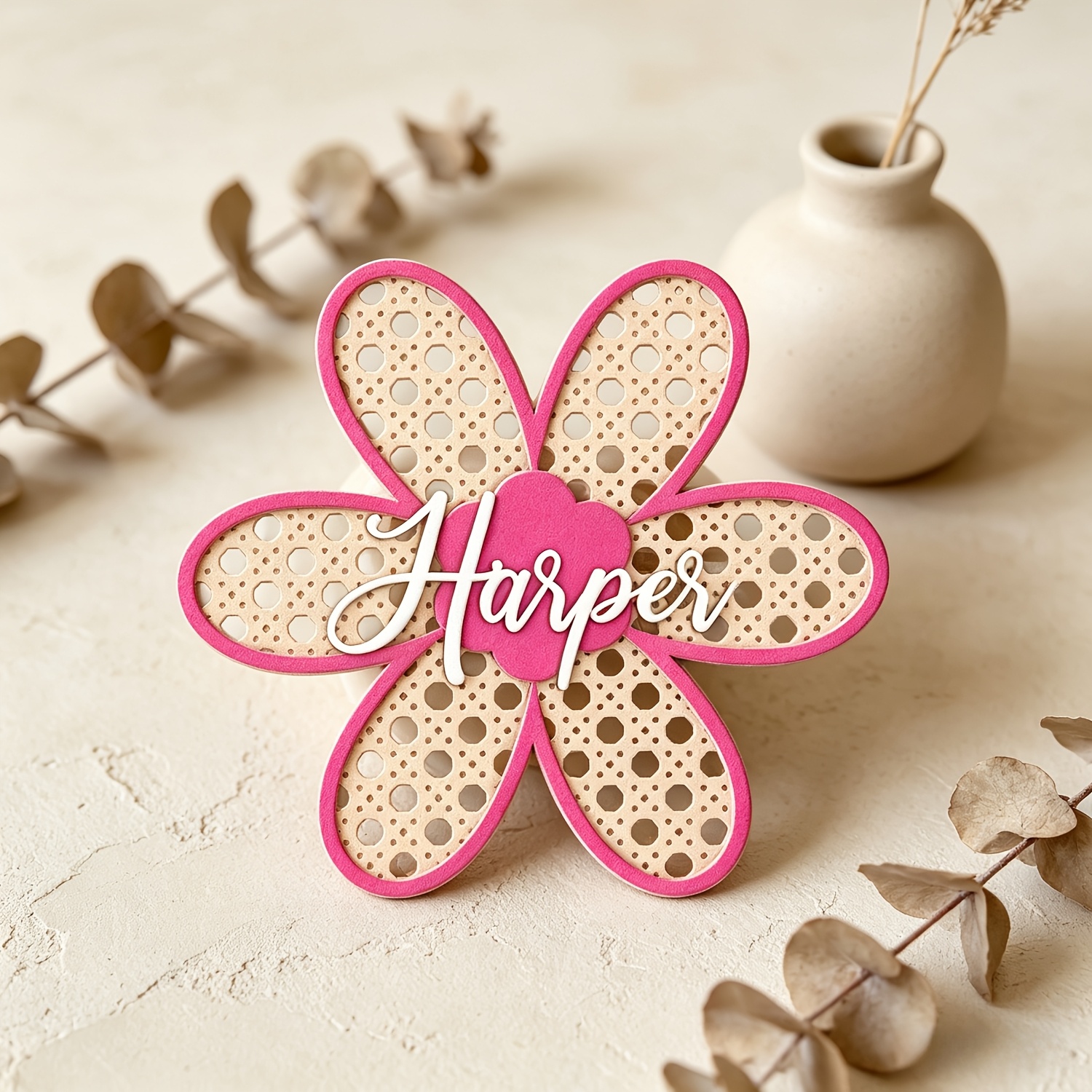 Personalized Boho Rattan Flowe - Baby Nursery Pink ulasan dan harga