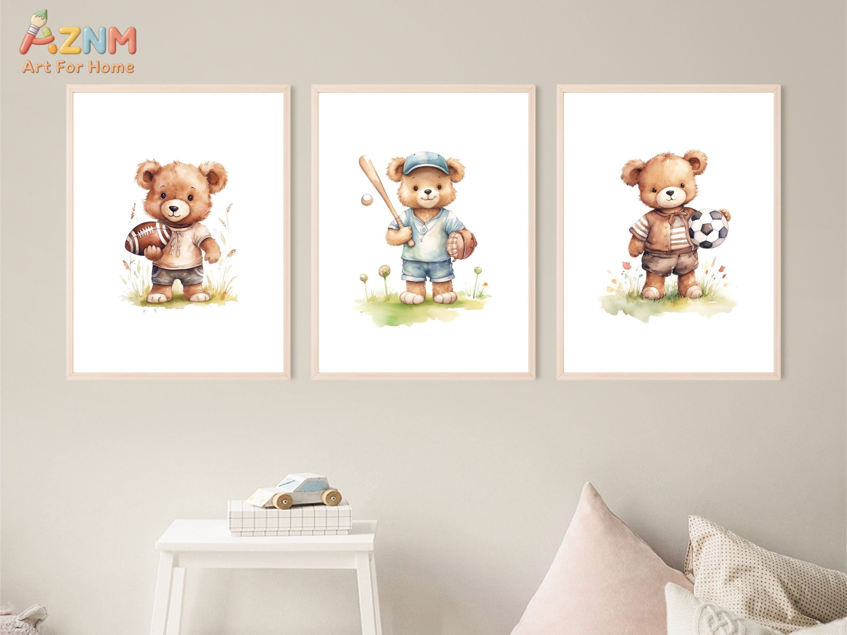 AZNM Watercolor Sport Teddy Be - Baby Nursery Animal Prints ulasan dan harga