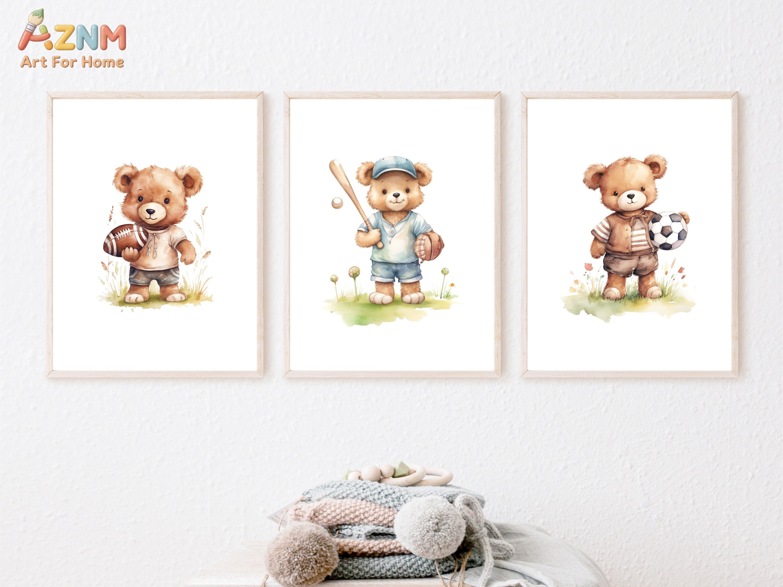 AZNM Watercolor Sport Teddy Be - Baby Nursery Animal Prints ulasan dan harga